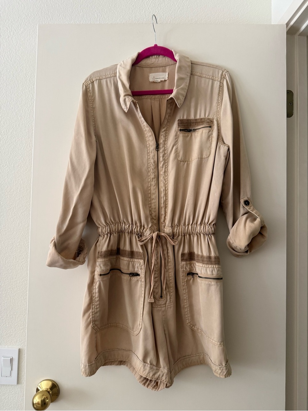 Anthropologie Beige Utility Romper with Drawstring Waist L